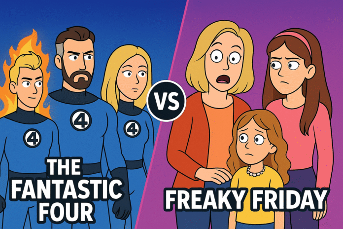 “Cartoon illustration comparing The Fantastic Four and Freakier Friday, showing both movie casts with a VS banner for a streaming ranking article on g9forty.com.”